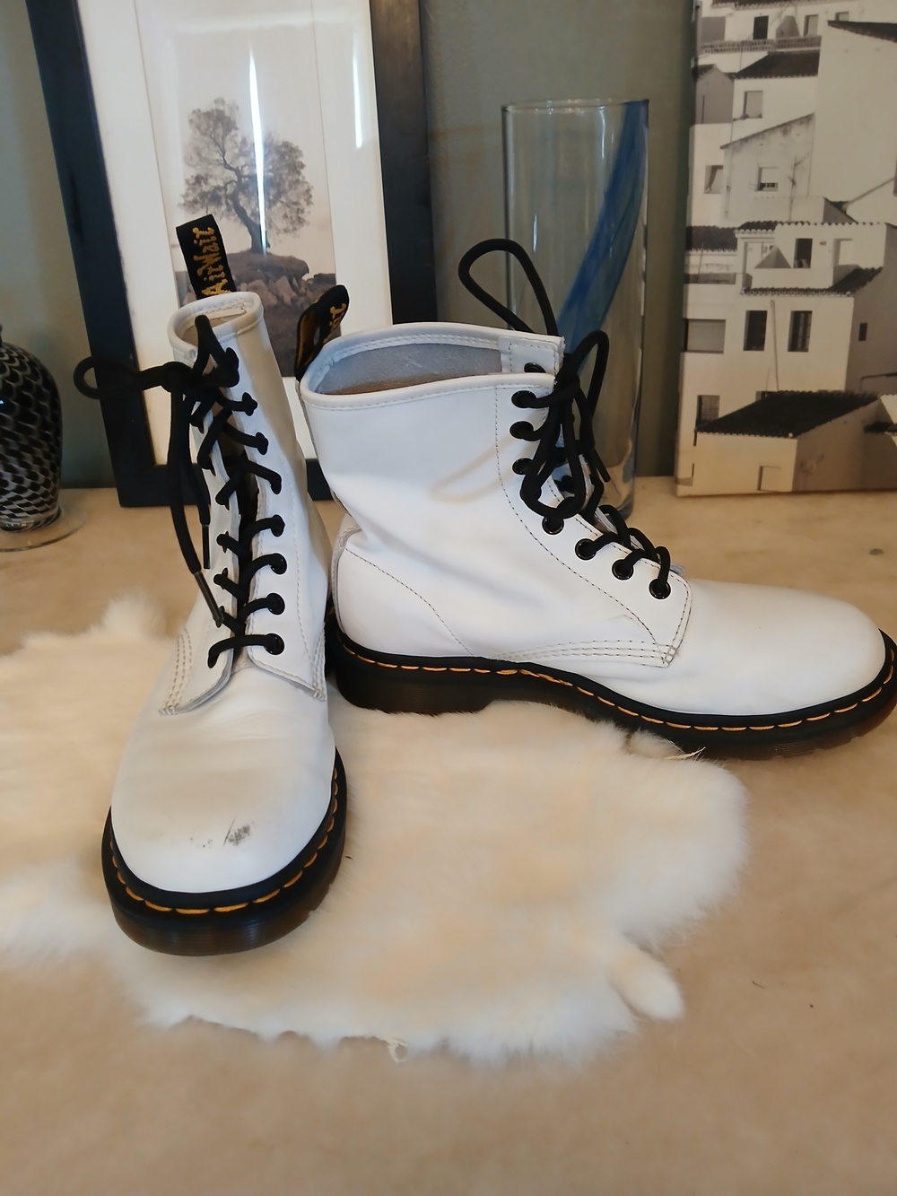 Dr. Martens White Leather Lace-Up Combat Boots with Black Laces